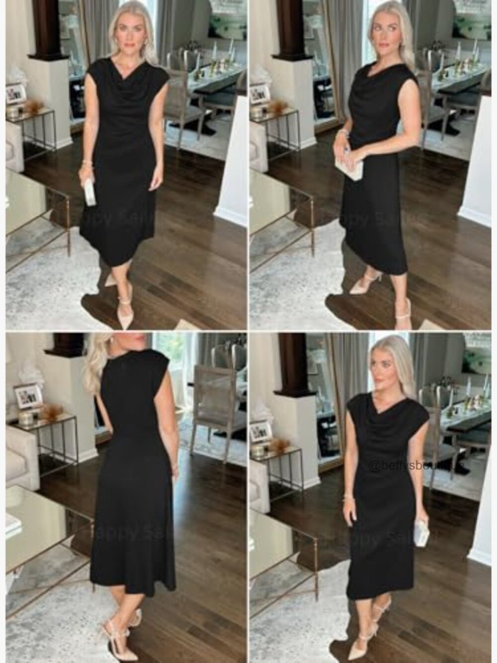 Short Sleeve Cowl Neck Ruched Waist A Line Midi Dress Flowy Party Cocktail Dress - Picture 4 of 7